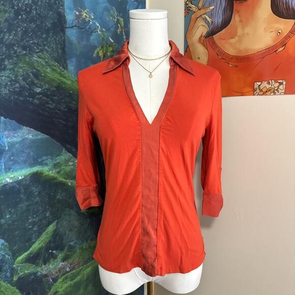 karen millen red v-neck silk trim blouse size 6 - Picture 2 of 5